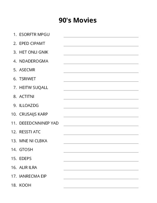 90s Movies Word Scramble Puzzle