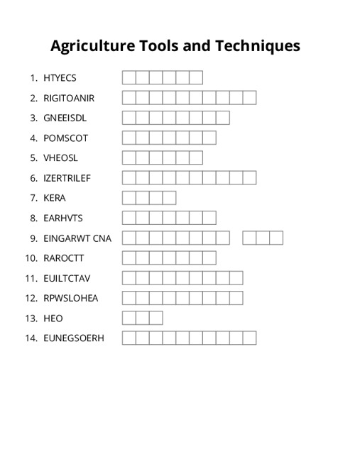 Agriculture Tools and Techniques Word Scramble Puzzle