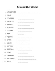 Around the World word scramble puzzle