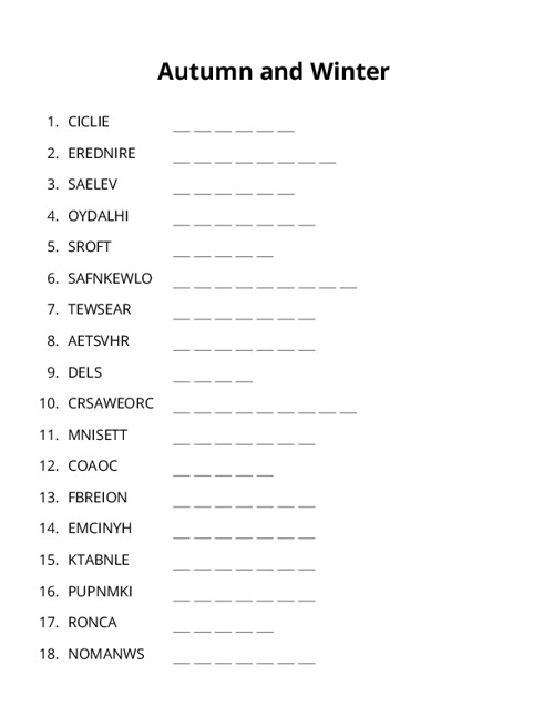 Autumn and Winter Word Scramble Puzzle
