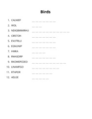 Birds word scramble puzzle