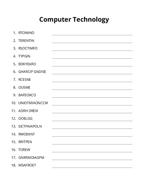 Computer Technology Word Scramble Puzzle