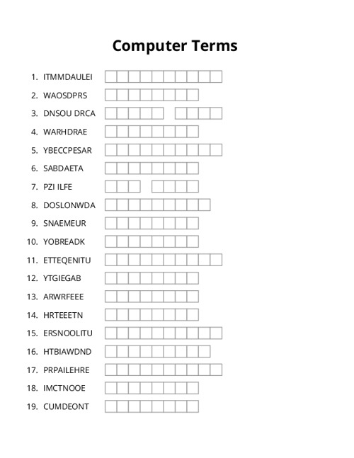 Computer Terms Word Scramble Puzzle