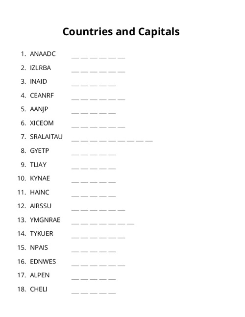 Countries and Capitals Word Scramble Puzzle
