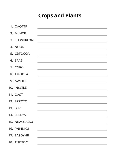 Crops and Plants Word Scramble Puzzle