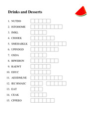 Drinks and Desserts word scramble puzzle
