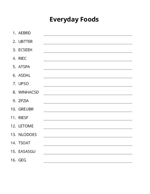 Everyday Foods Word Scramble Puzzle