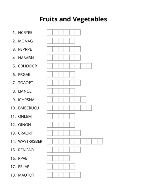 Fruits and Vegetables Word Scramble Puzzle