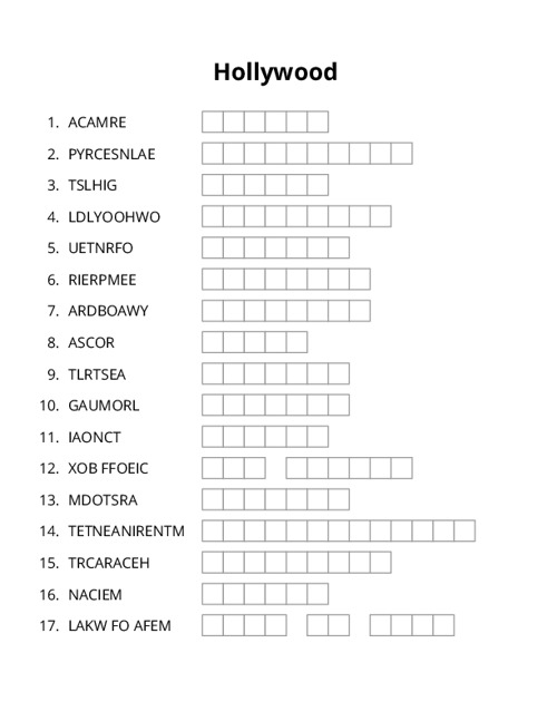 Hollywood Word Scramble Puzzle