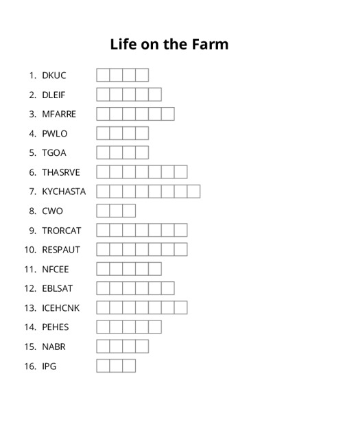 Life on the Farm Word Scramble Puzzle