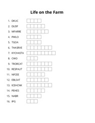 Life on the Farm word scramble puzzle