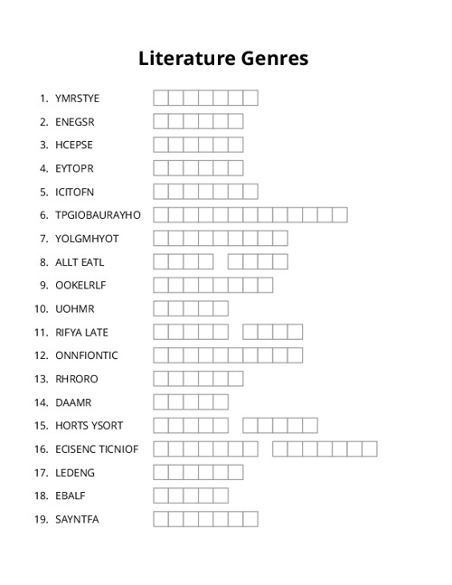 Literature Genres Word Scramble Puzzle