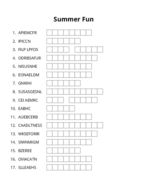 Summer Fun Word Scramble Puzzle