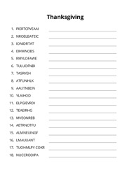 Thanksgiving word scramble puzzle