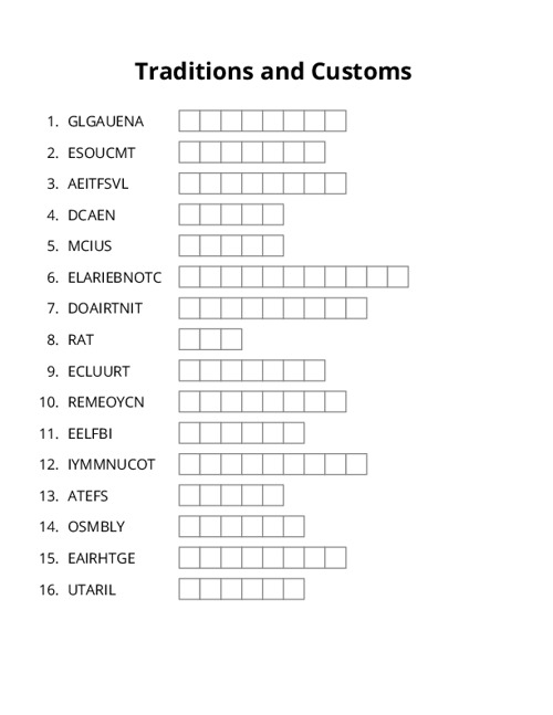 Traditions and Customs Word Scramble Puzzle