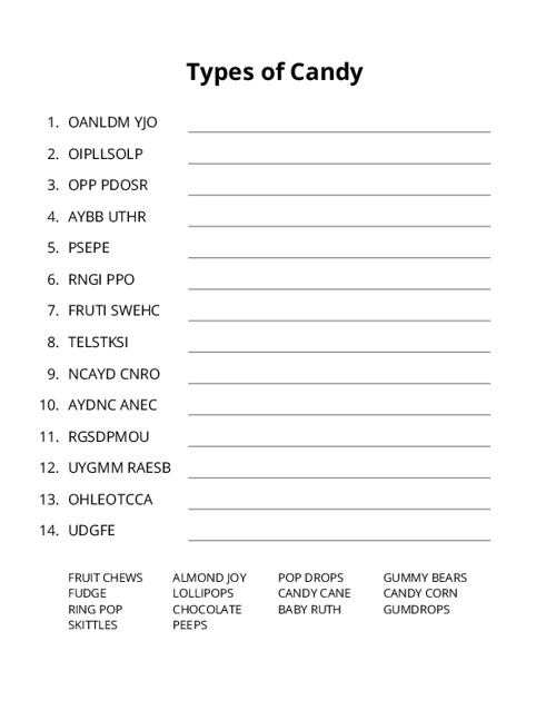 Types of Candy Word Scramble Puzzle