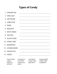 Types of Candy word scramble puzzle