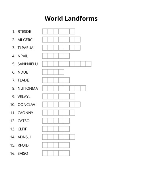 World Landforms Word Scramble Puzzle