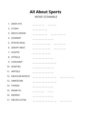 All About Sports word scramble puzzle