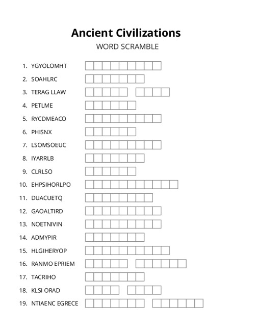 Ancient Civilizations Word Scramble Puzzle