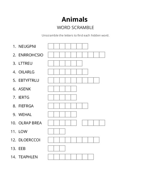 Animals Crossword Puzzle