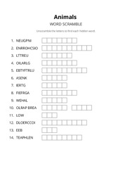 Animals word scramble puzzle