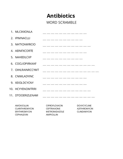 Antibiotics Word Scramble Puzzle