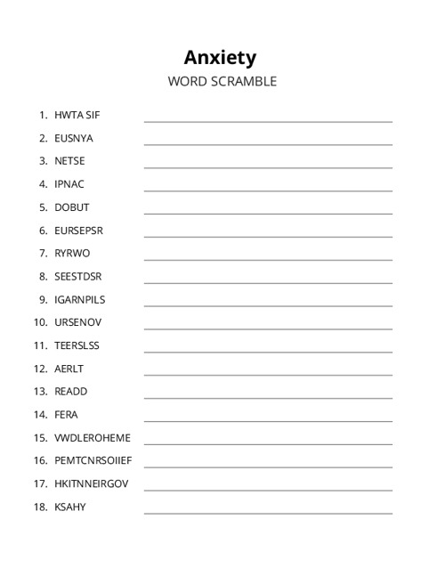 Anxiety Word Scramble Puzzle