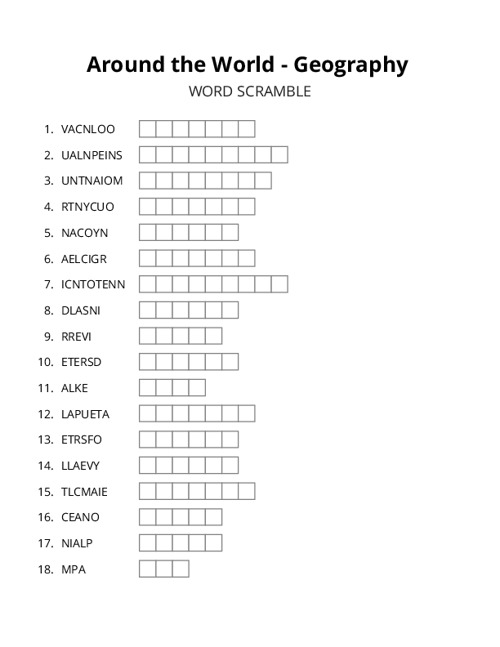 Around the World - Geography Word Scramble Puzzle