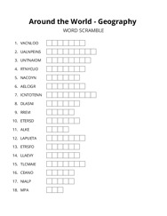 Around the World - Geography word scramble puzzle