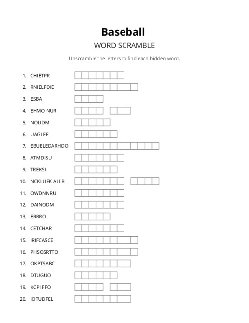 Baseball Word Scramble Puzzle