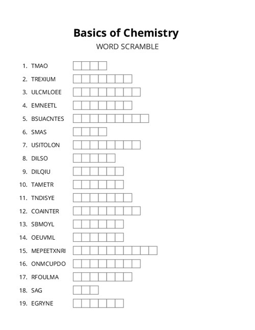 Basics of Chemistry Word Scramble Puzzle