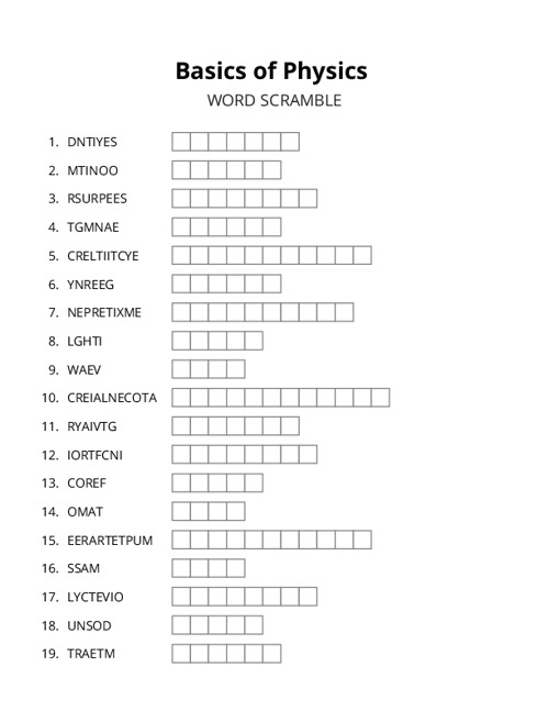 Basics of Physics Word Scramble Puzzle