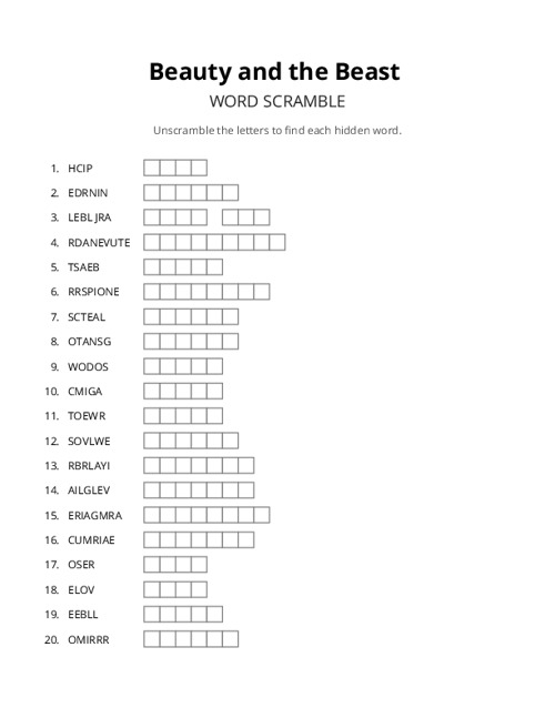 Beauty and the Beast Crossword Puzzle
