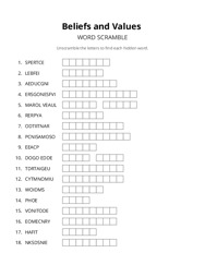 Beliefs and Values word scramble puzzle