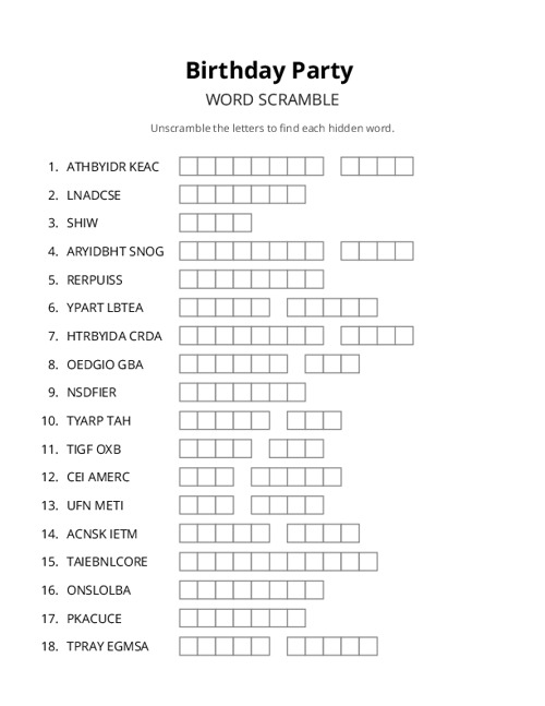 Birthday Party Word Scramble Puzzle