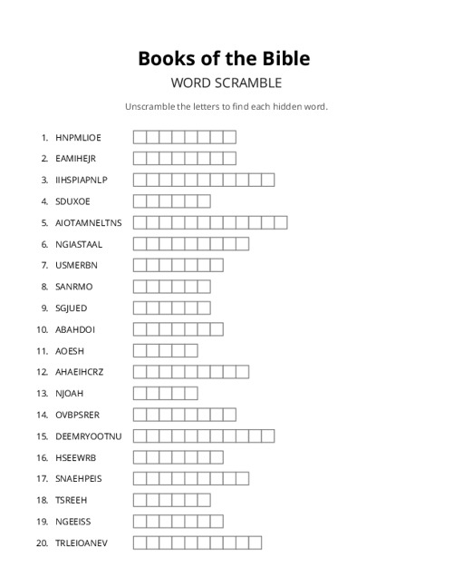 Books of the Bible Word Scramble Puzzle