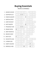 Buying Essentials word scramble puzzle