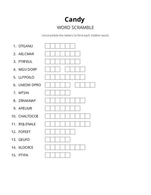 Candy Crossword Puzzle