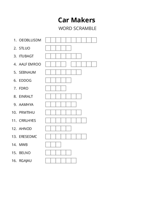 Car Makers Word Scramble Puzzle