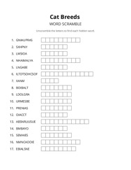Cat Breeds word scramble puzzle