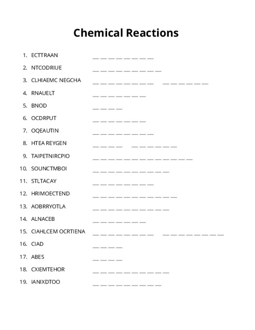 Chemical Reactions Word Scramble Puzzle