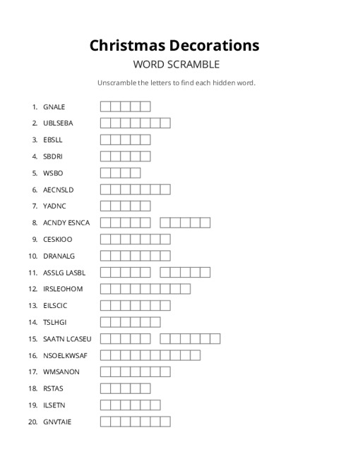 Christmas Decorations Word Scramble Puzzle