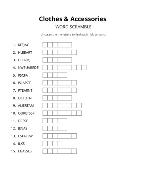 Clothes & Accessories Word Scramble Puzzle