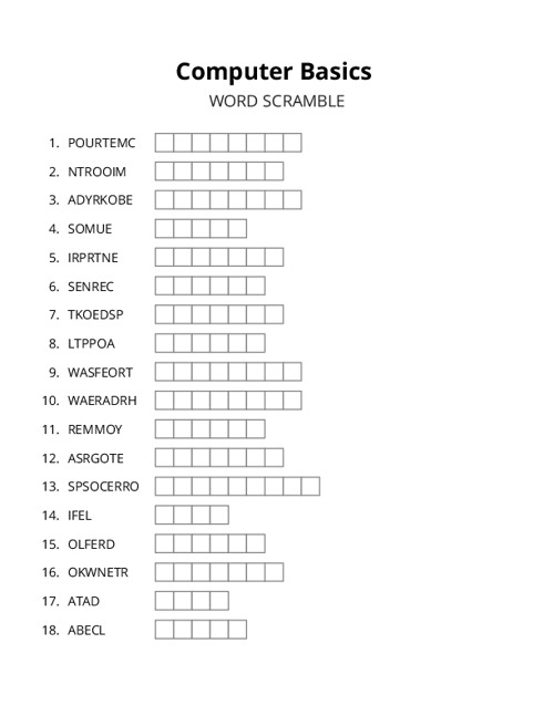 Computer Basics Word Scramble Puzzle