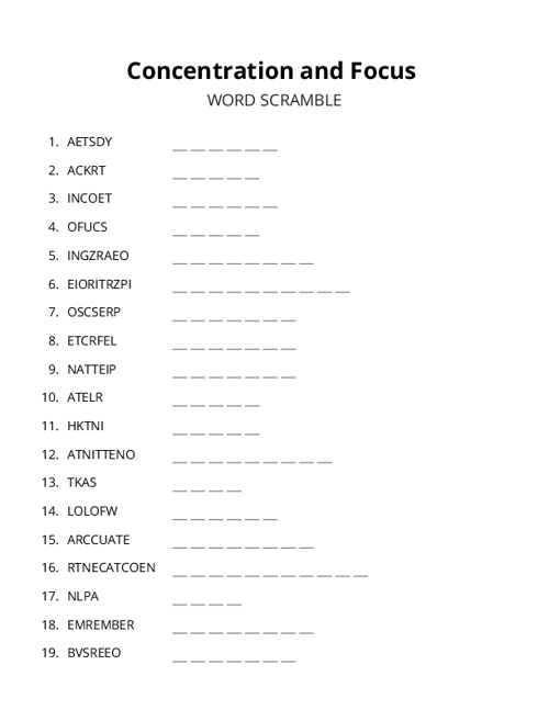 Concentration and Focus Word Scramble Puzzle