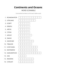 Continents and Oceans word scramble puzzle