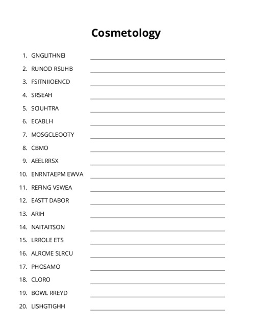 Cosmetology Word Scramble Puzzle