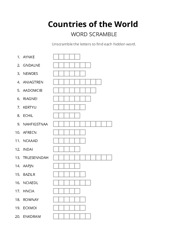 Countries of the World word scramble puzzle
