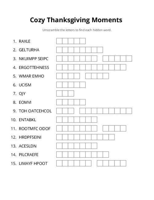 Cozy Thanksgiving Moments Word Scramble Puzzle
